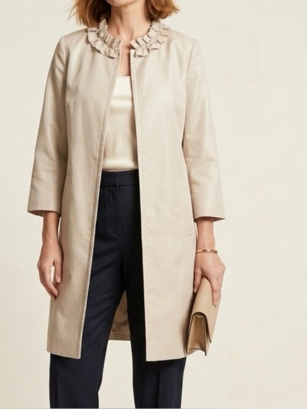 Tahari by Elie Tahari Linen Cotton Ruffle Collar Spring Coat Ivory Cream XS TP